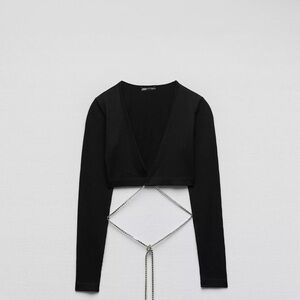 Zara Black Long Sleeve Seamless Crop Top with Rhinestones